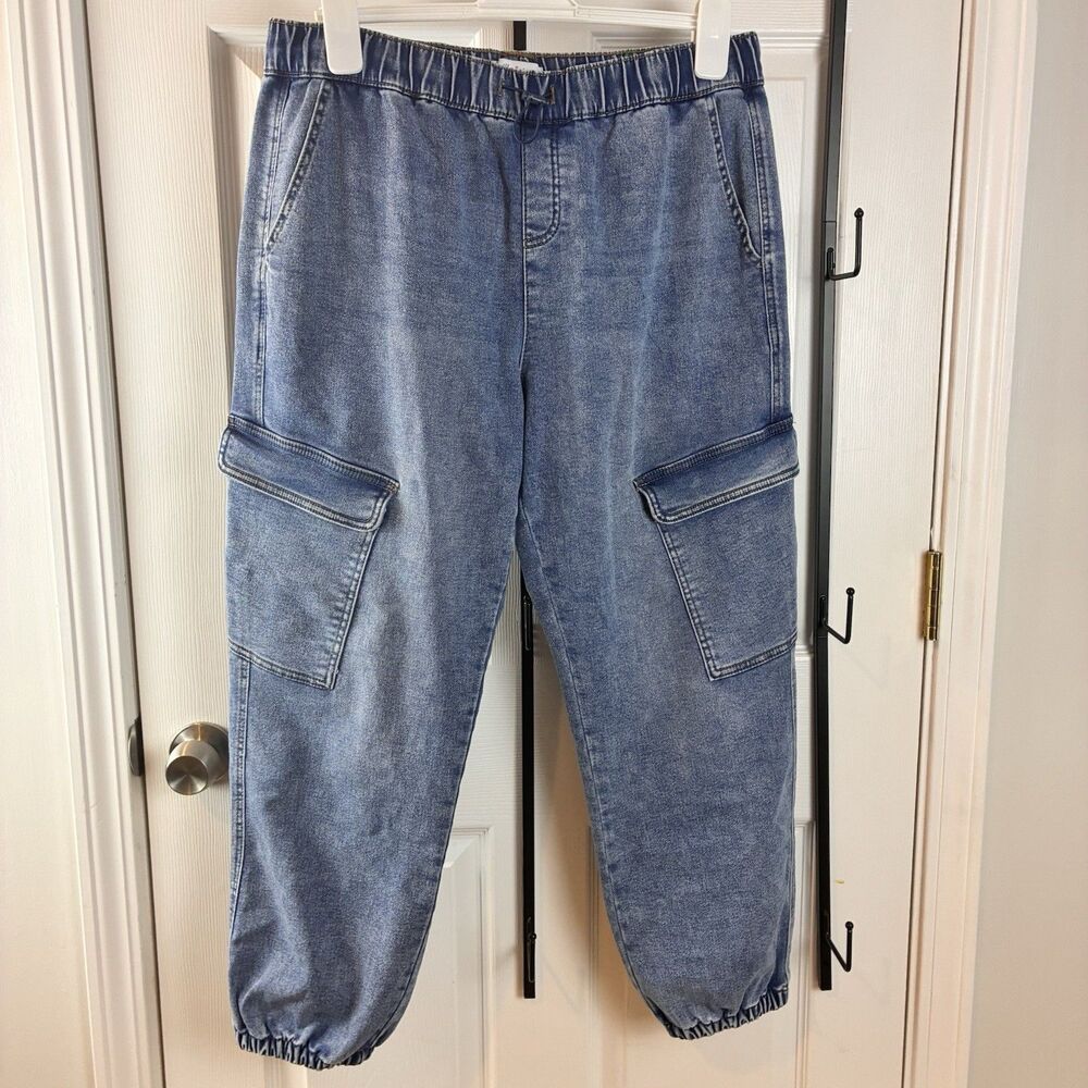 Vanilla Star Blue Denim Cargo Jogger Pants Women’s Elastic Waist Drawstring Sz L